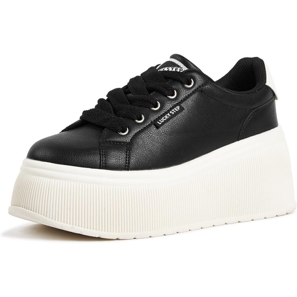 Brand New Women Black Rubber LUCKY STEP Platform Wedge Sneakers Retro Shoes